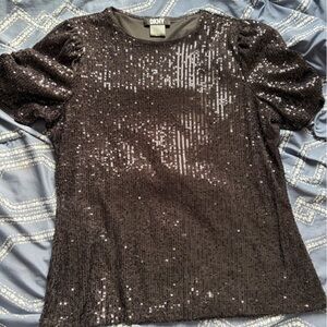 DKNY Black Sequin Short Sleeve Crew Neck Top